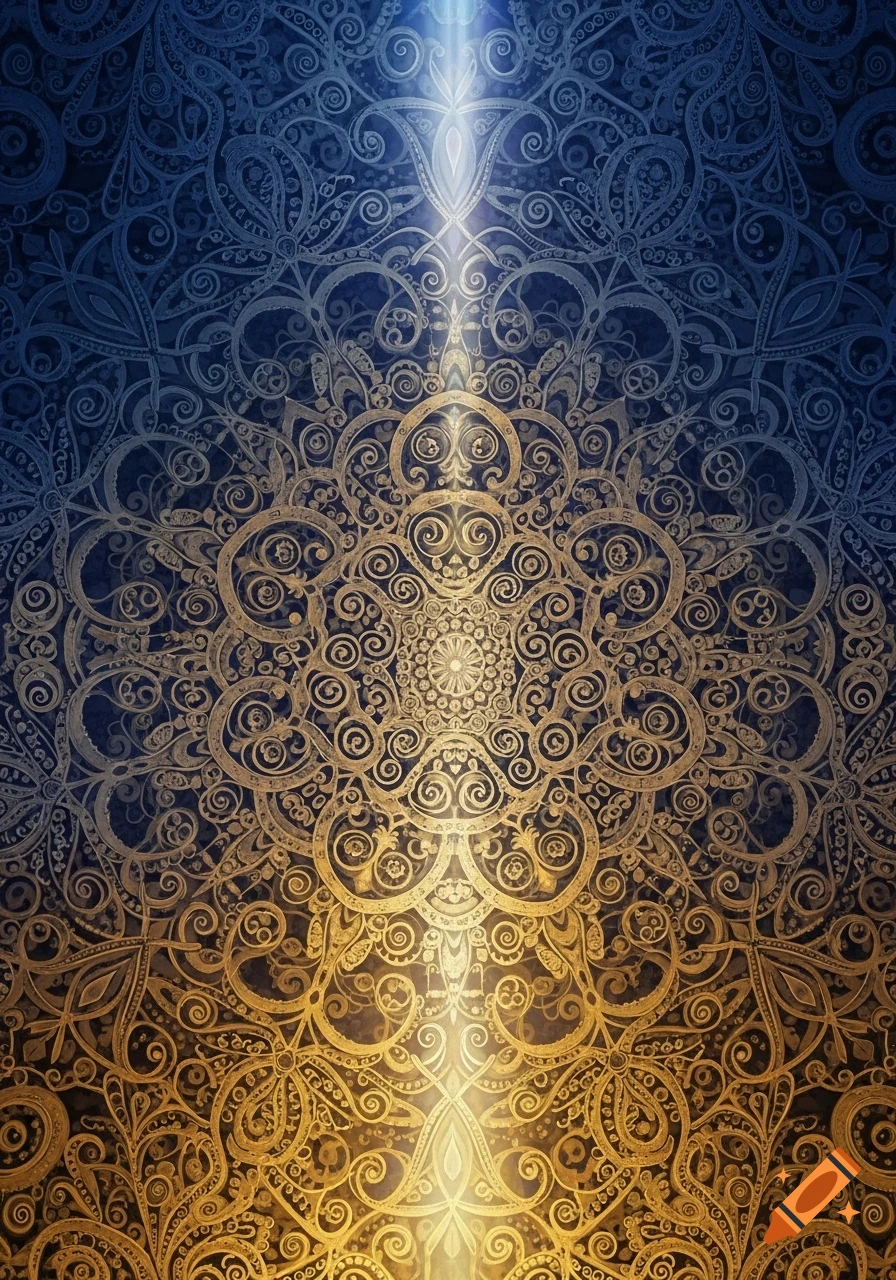 An ornate, symmetrical mandala pattern with a blue top fading to gold at the bottom, featuring bright light sources.