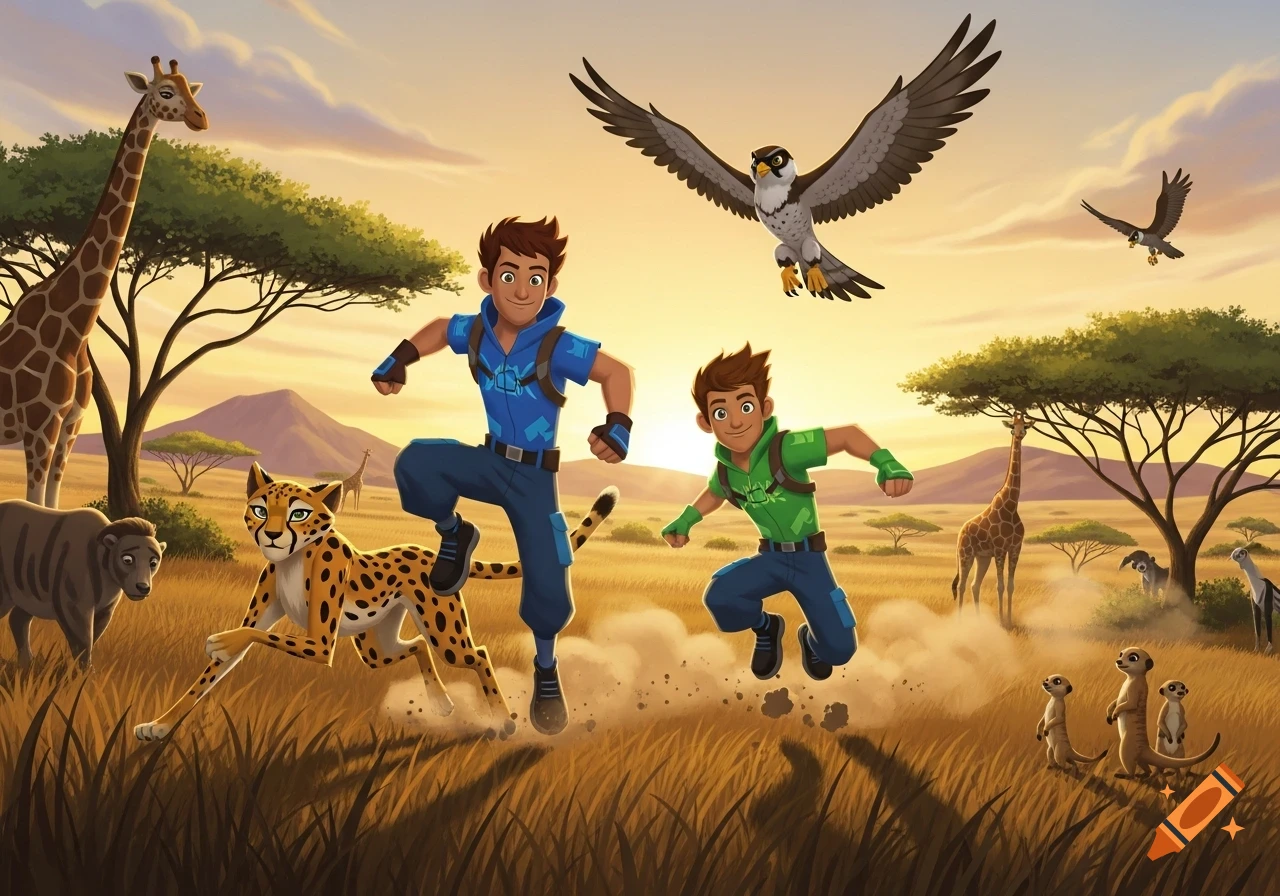 Two animated boys in a savanna, with a cheetah, giraffes, meerkats, and birds at sunset.