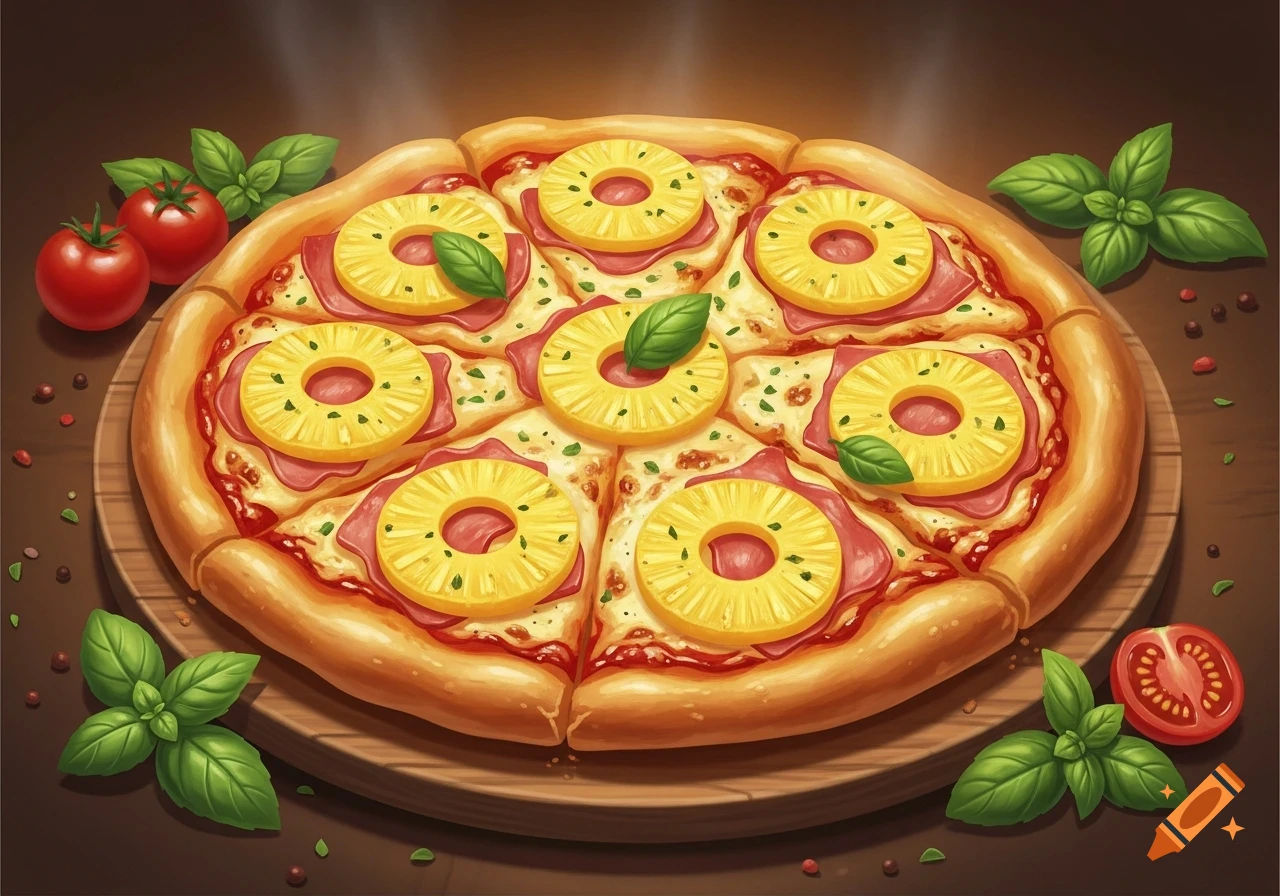 Illustrative top-down view of a pineapple pizza on a wooden board, garnished with basil, tomatoes, and spices.