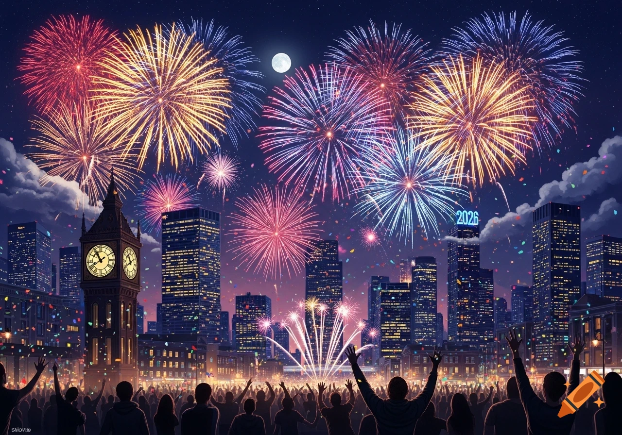 A vibrant fireworks display explodes over a city skyline at night, with a cheering crowd below and "2026" on a building.