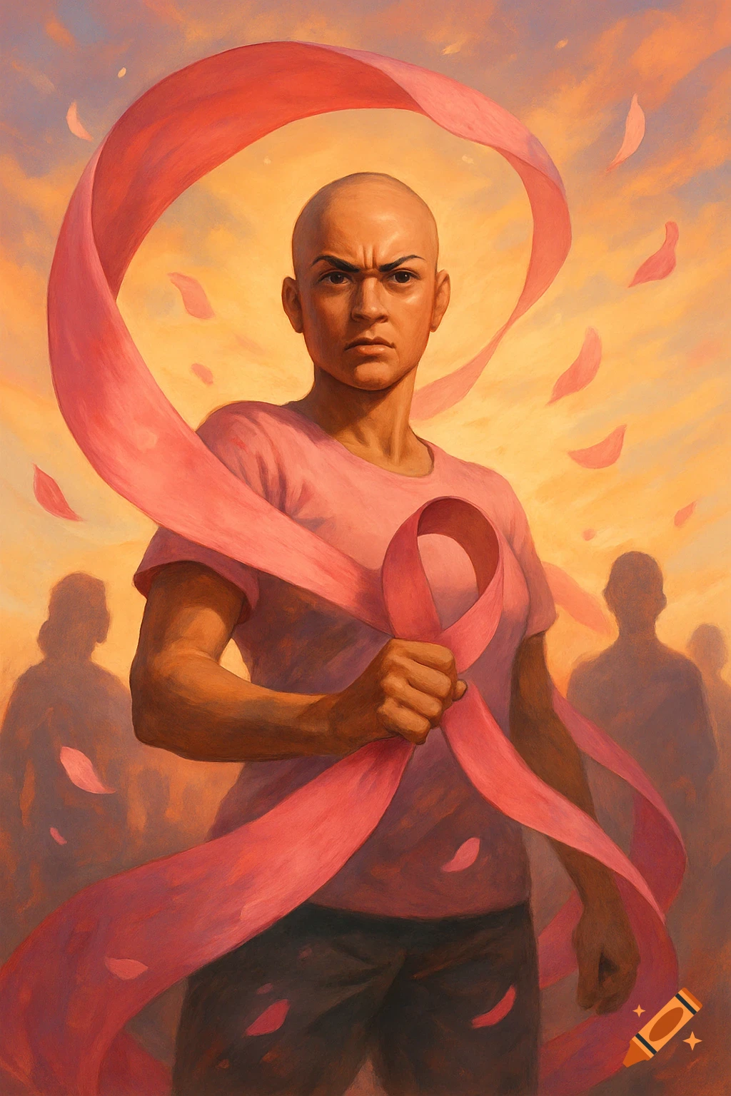 A determined bald woman in a pink shirt holds a pink ribbon, symbolizing breast cancer awareness, against an orange sky with silhouettes.