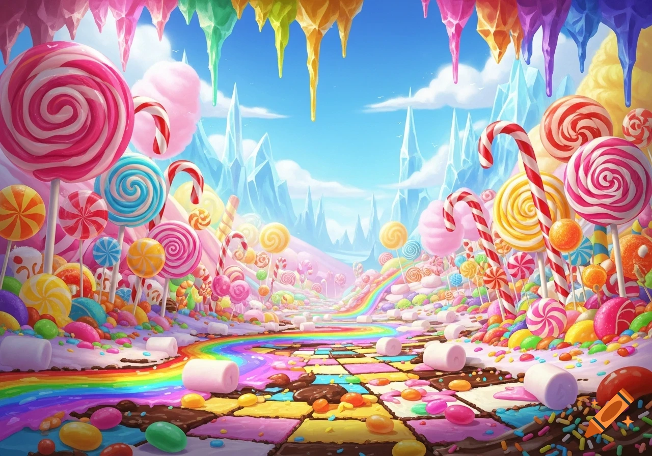 A vibrant, whimsical candy land landscape with a rainbow river, giant lollipops, candy canes, and sweets under a blue sky.