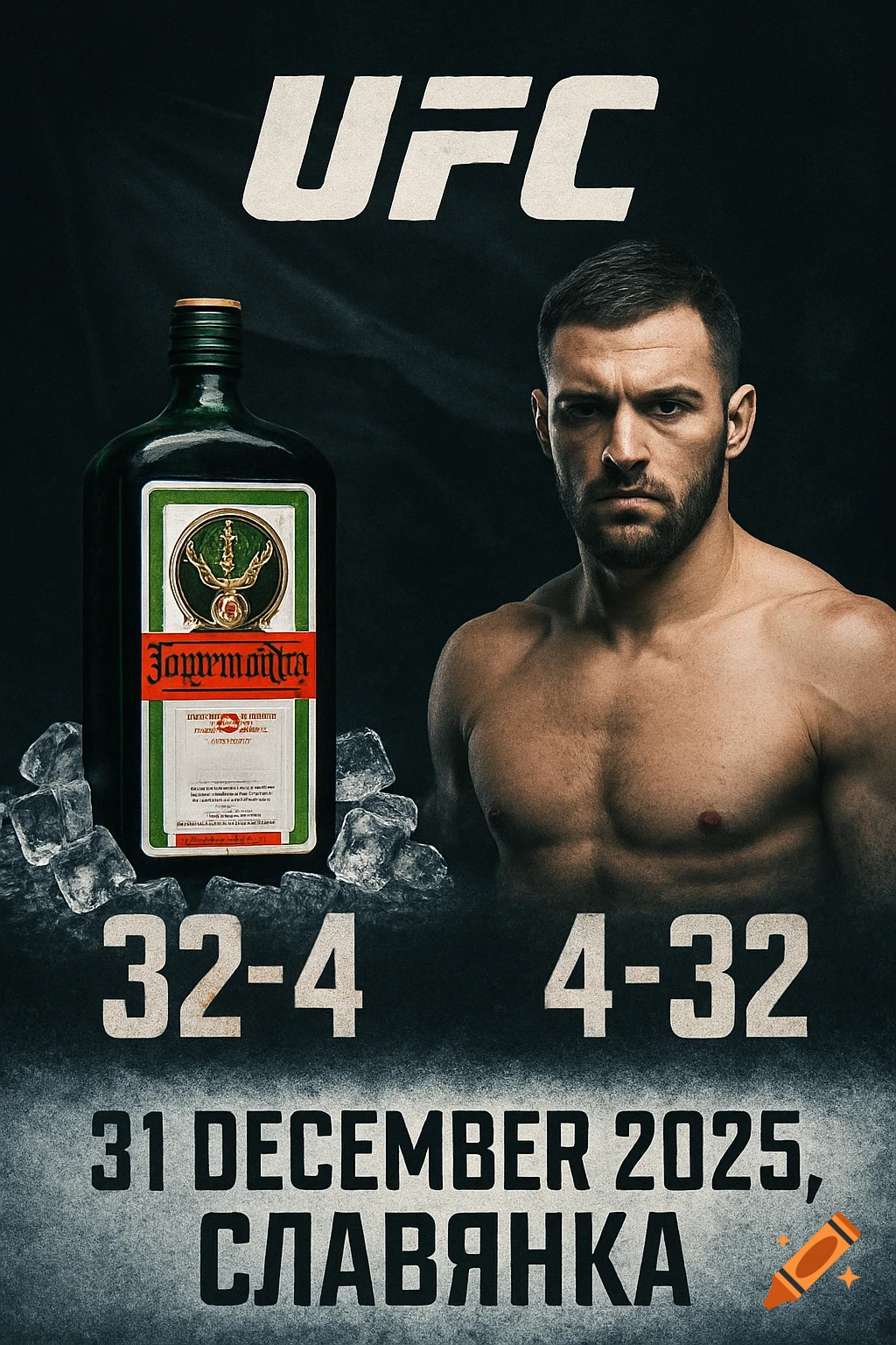 A dark, gritty UFC fight poster featuring a muscular man and a Jägermeister bottle with ice. Text reads "UFC", "32-4" and "4-32", "31 DECEMBER 2025, СЛАВЯНКА".