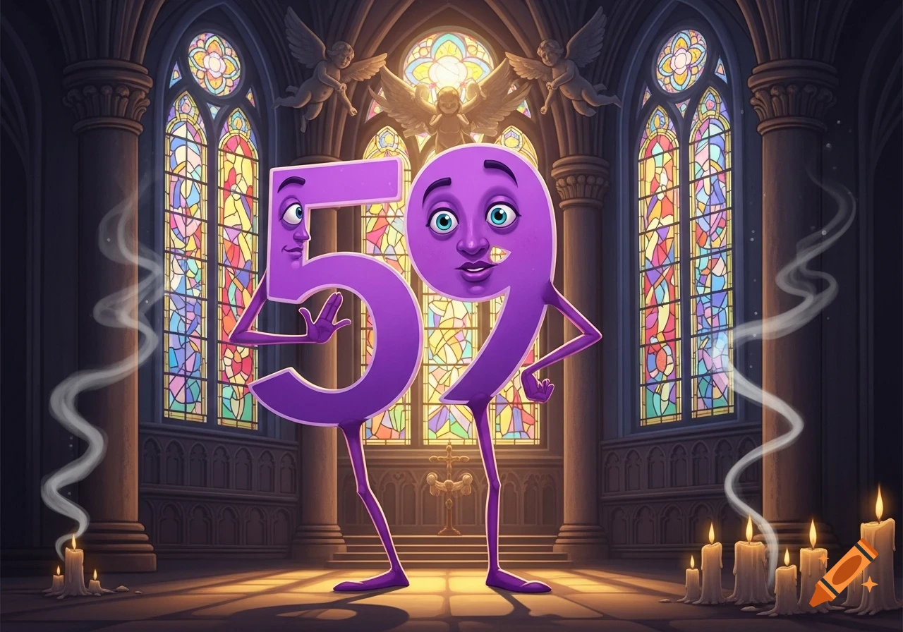 Animated purple numbers 5 and 9 with faces, arms, and legs stand in a church with stained glass windows and lit candles.