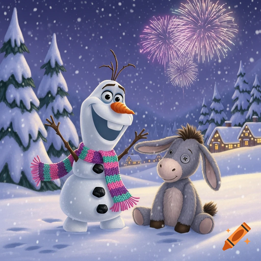 Olaf the snowman and a gray plush donkey sit in a snowy winter landscape with fir trees, lighted houses, and fireworks.