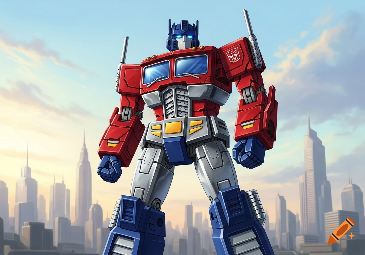 A large Optimus Prime robot in red and blue armor stands heroically against a detailed cityscape under a partly cloudy sky, G1 animated style.