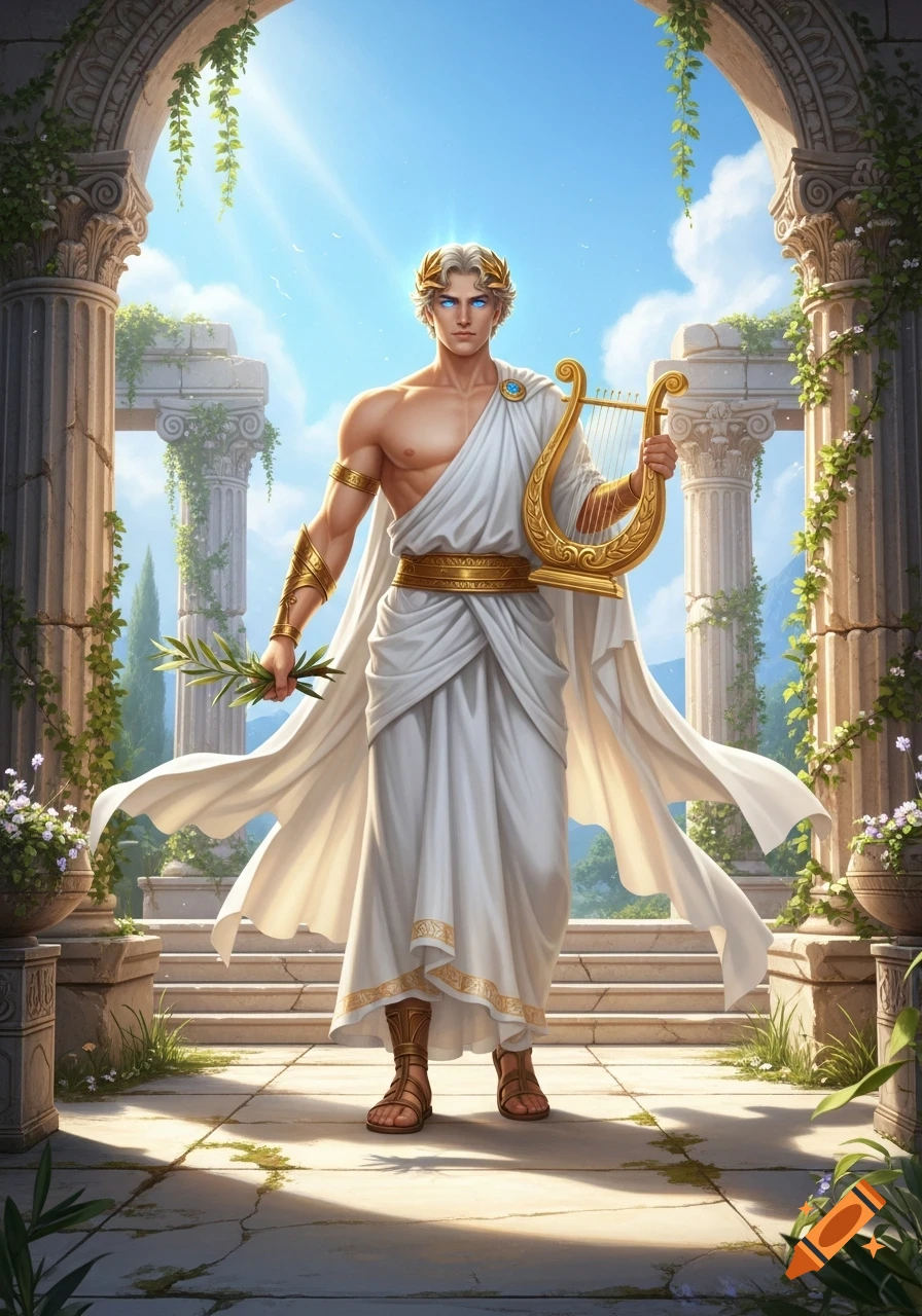 A muscular man in a white toga, with a laurel wreath, holds a golden lyre and olive branch in ancient ruins.