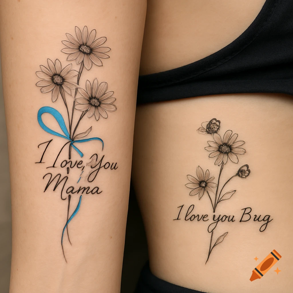 Two black and grayscale daisy tattoos with text, one on an arm with a blue ribbon saying "I Love, You Mama", and another on ribs saying "I love you Bug".