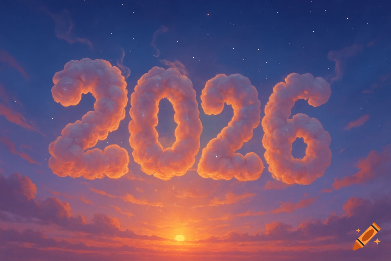 Fluffy orange-pink clouds form the numbers 2026 in a blue, starry sky with a vibrant sunset.