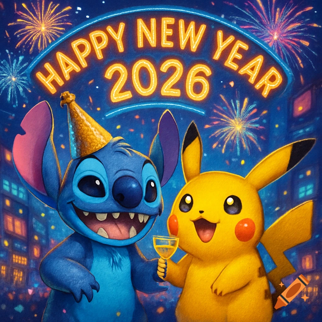 Stitch and Pikachu celebrate New Year 2026 under a neon sign and fireworks in a city setting.