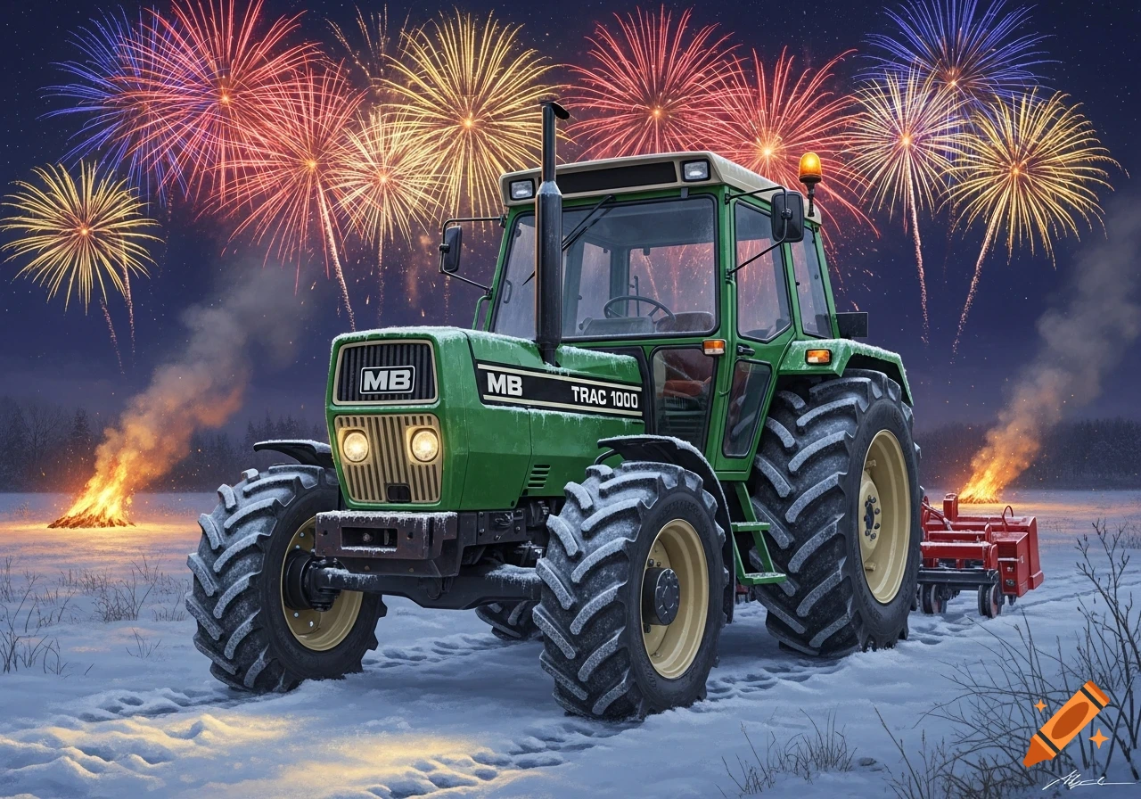 A green MB Trac 1000 tractor sits in a snowy field under a night sky filled with colorful fireworks and distant bonfires.