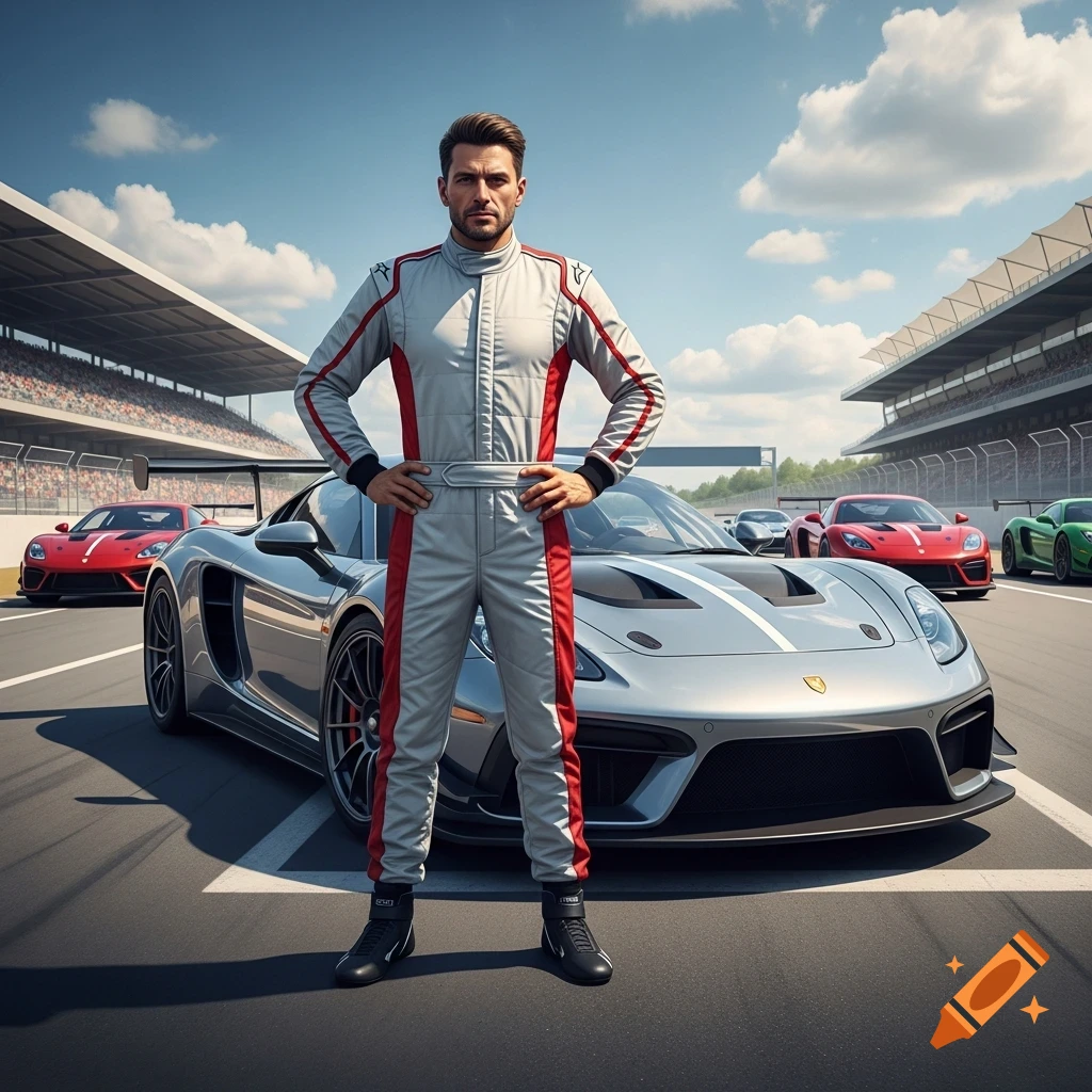 A man in a grey and red racing suit stands confidently on a racetrack with several luxury sports cars behind him under a clear sky.