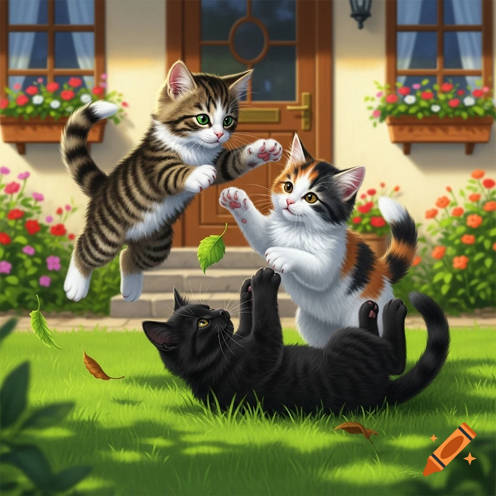 Three cute kittens playing on green grass in front of a house; one tabby jumps, one calico stands, and a black kitten lies.