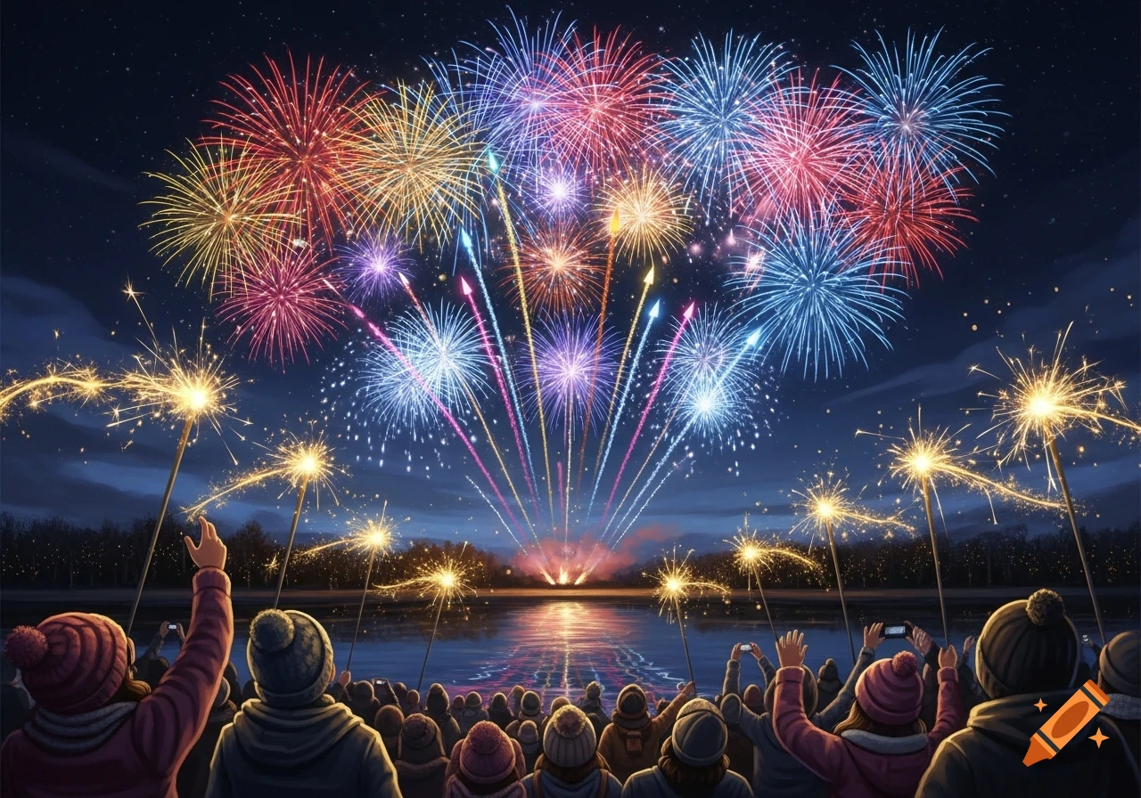 A crowd of people watches a vibrant fireworks display over a body of water at night, holding sparklers.