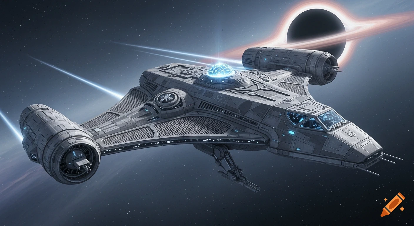 A detailed futuristic spaceship, resembling a manta ray, flies through starry space with a glowing blue dome and a black hole in the background.