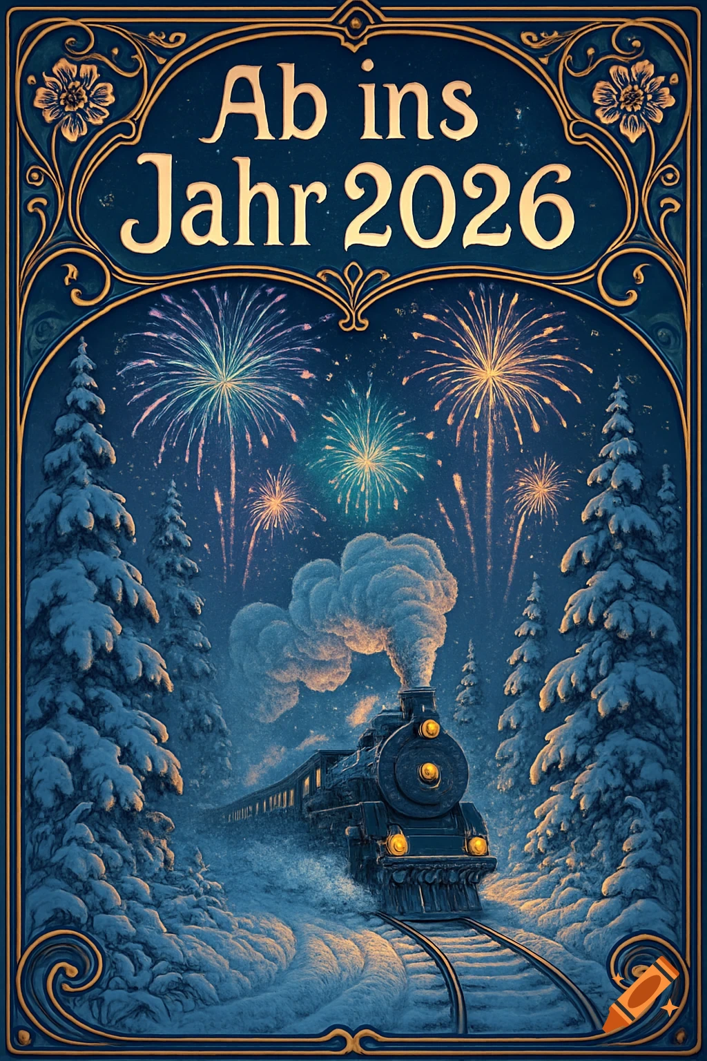 Art Nouveau illustration of a steam locomotive traversing a snowy winter landscape under a night sky filled with fireworks, framed by an ornate golden border. Text reads "Ab ins Jahr 2026".