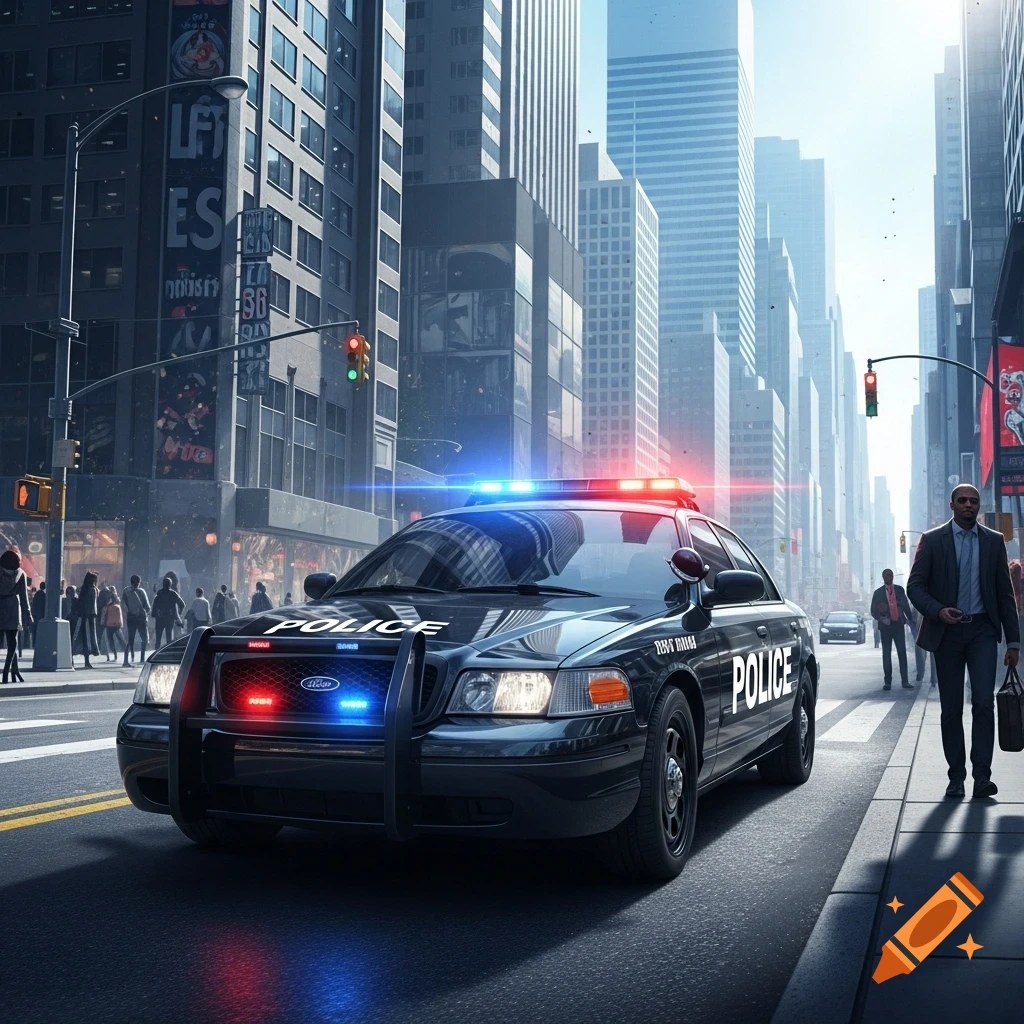 A dark police car with flashing red and blue lights drives down a busy city street lined with tall buildings, with pedestrians on the sidewalk.