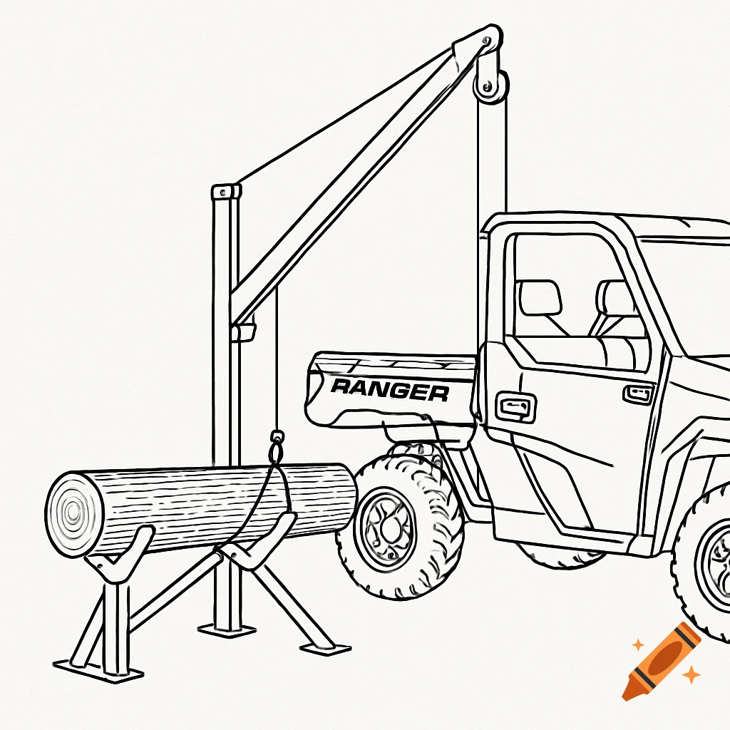 Black and white line drawing of a utility vehicle with a log lifting tool, hoisting a log.