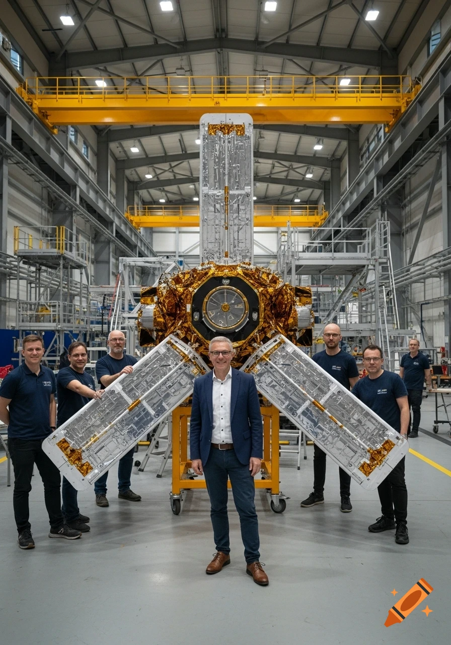 A team of scientists and engineers stands proudly in front of a large, golden-hued satellite with silver fins, inside a spacious, brightly lit hangar.
