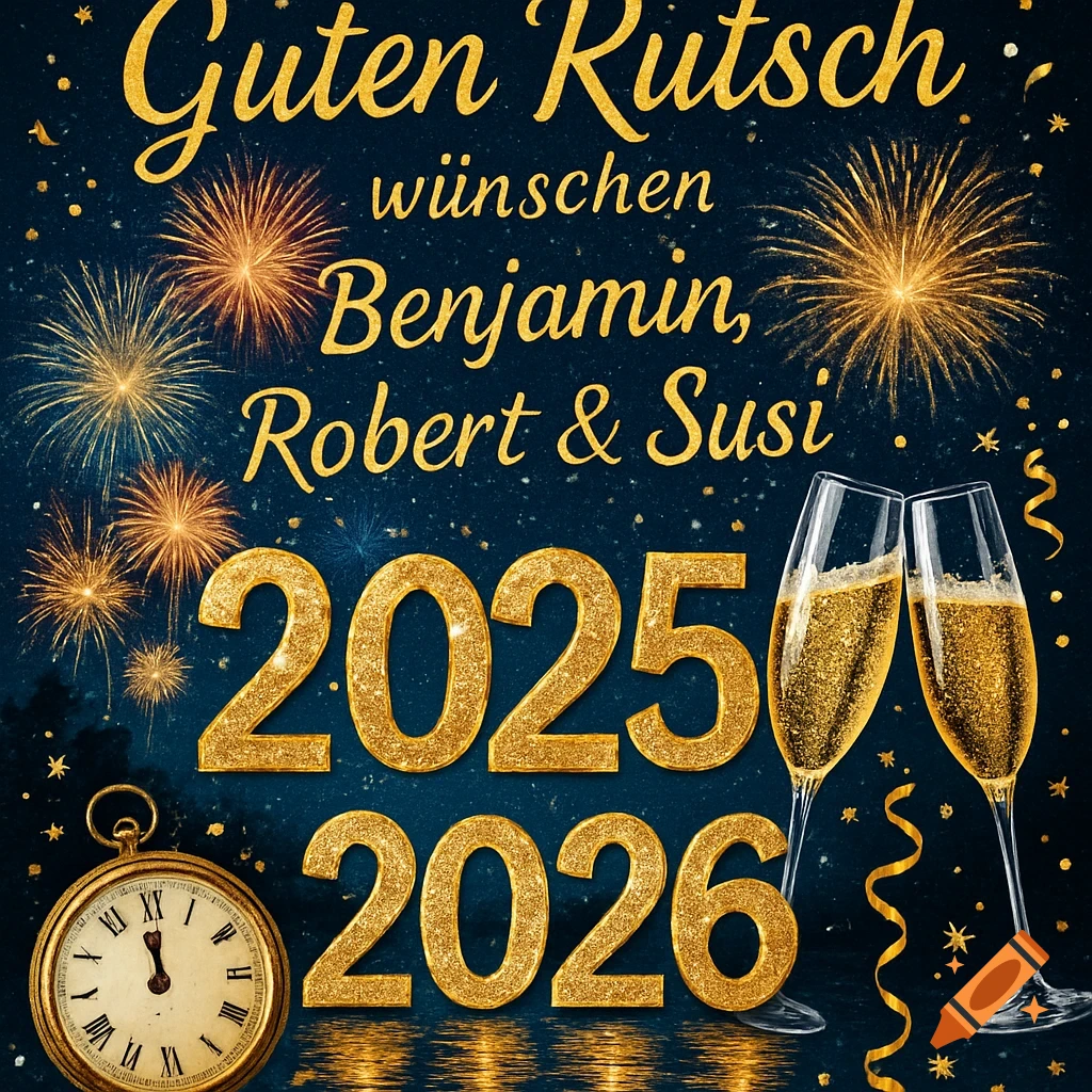 Glittery New Year's greeting card with golden text, fireworks, champagne, and a pocket watch for 2025 and 2026.
