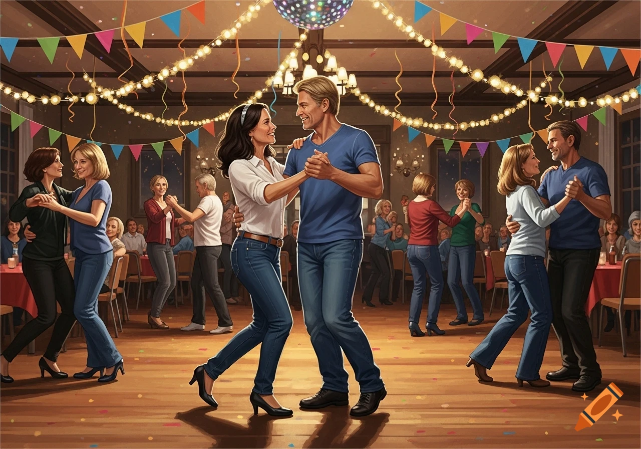 A smiling couple dances in a festive hall decorated with string lights, colorful bunting, and a disco ball, surrounded by other partygoers.