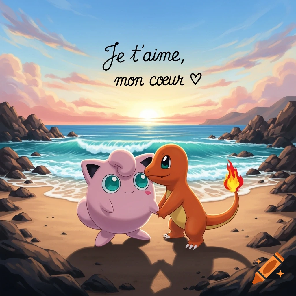 Jigglypuff and Charmander hold hands on a sunset beach, with "Je t'aime, mon cœur" written above them in a sweet, illustrative style.