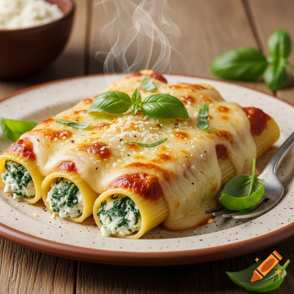 A plate of steaming cannelloni filled with spinach and ricotta, topped with melted cheese, tomato sauce, and fresh basil.