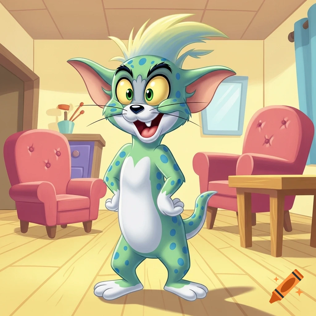 A green, spotted cartoon creature with large ears and spiky yellow hair, reminiscent of Tom and Jerry, stands in a brightly lit room.