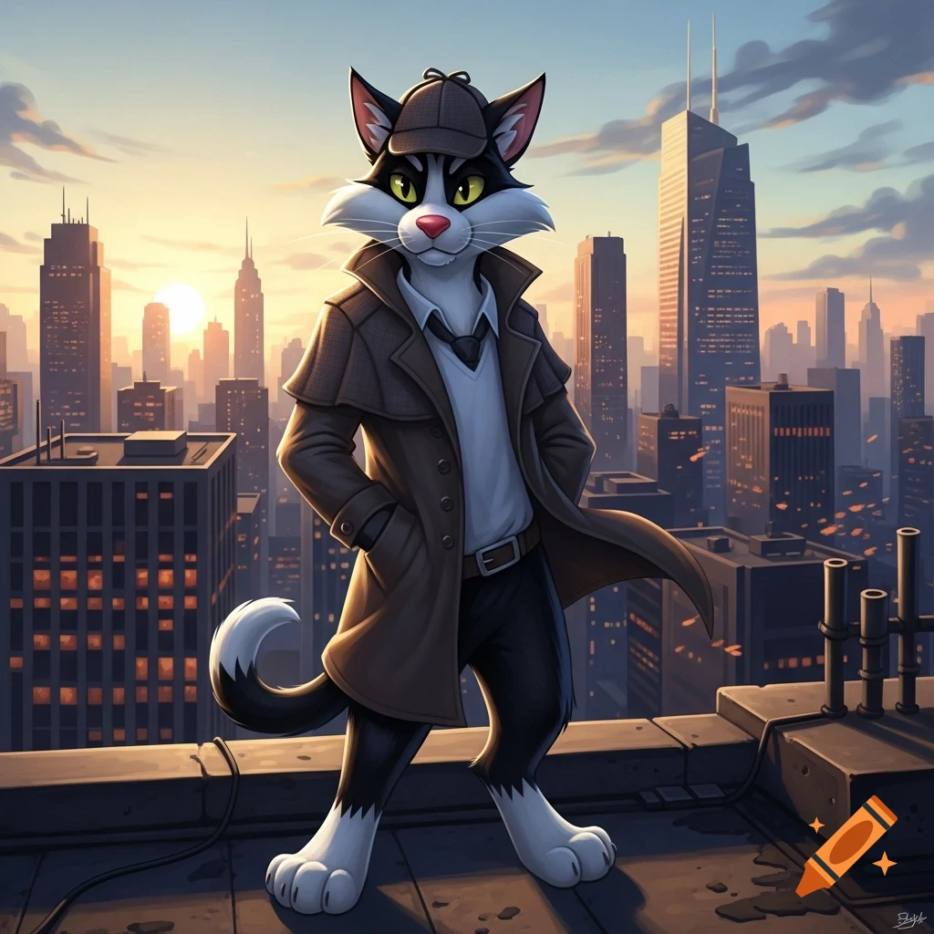 An anthropomorphic black and white cat detective stands on a city rooftop at sunset.