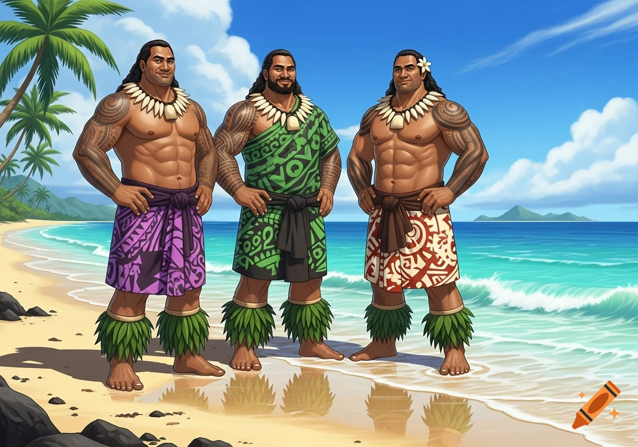 Illustrated image of three smiling, athletic Polynesian men in traditional attire and shell necklaces standing on a sandy beach.