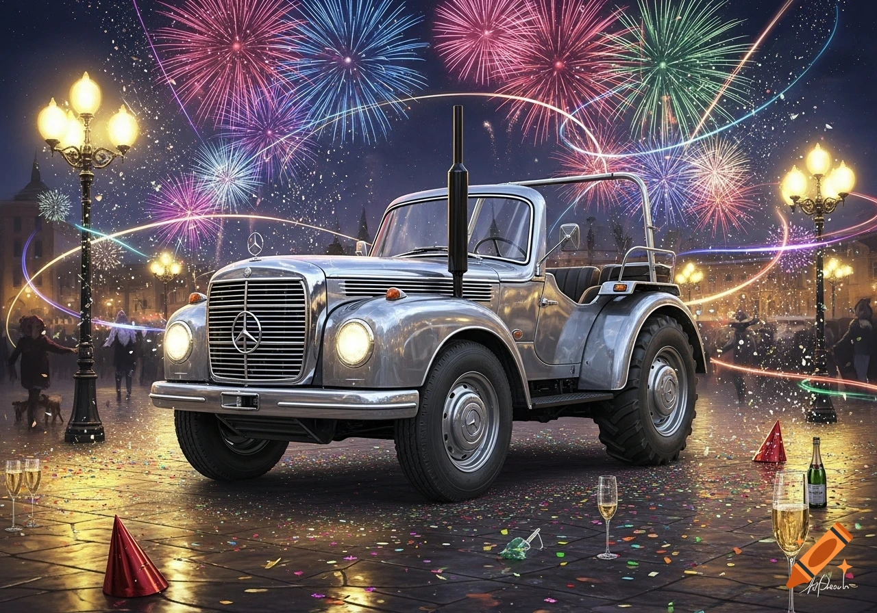 A vintage silver Mercedes-Benz Trac 1000 is parked on a confetti-strewn street during a lively New Year's Eve celebration with colorful fireworks lighting the night sky.