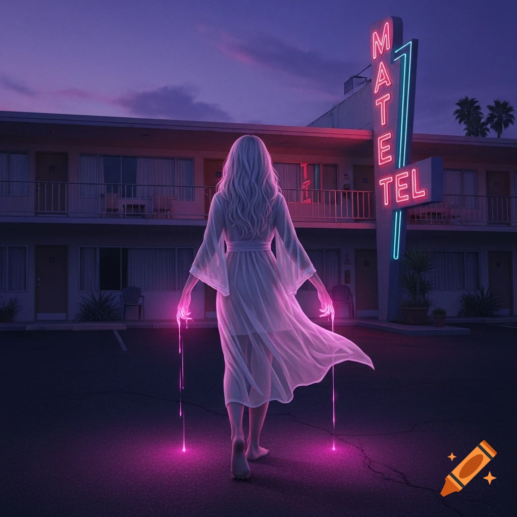 A barefoot woman with flowing white robes and glowing pink hands walks towards a motel with a neon sign that reads "MATE TEL" at dusk.