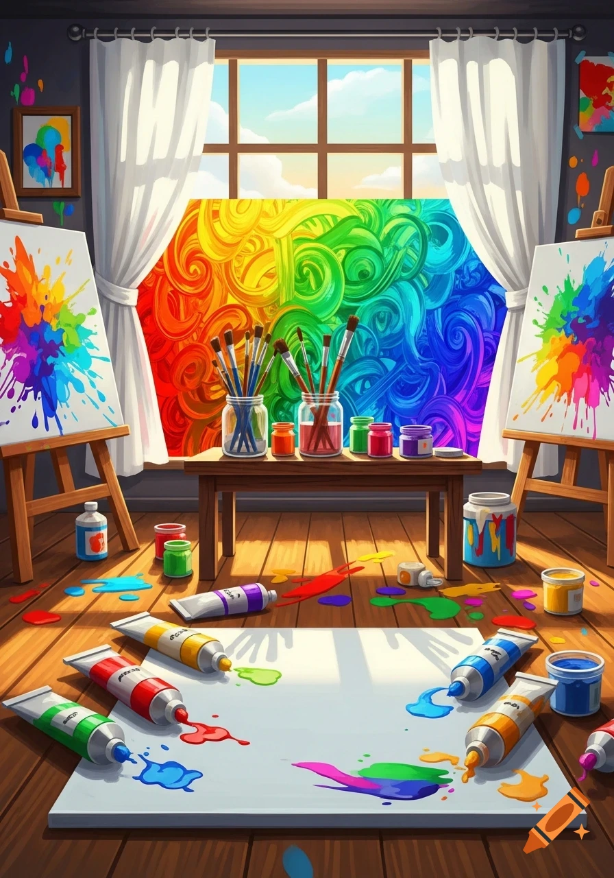 A vibrant art studio with easels, paint tubes, brushes, and splatters on the floor, under a window with a large rainbow abstract painting.