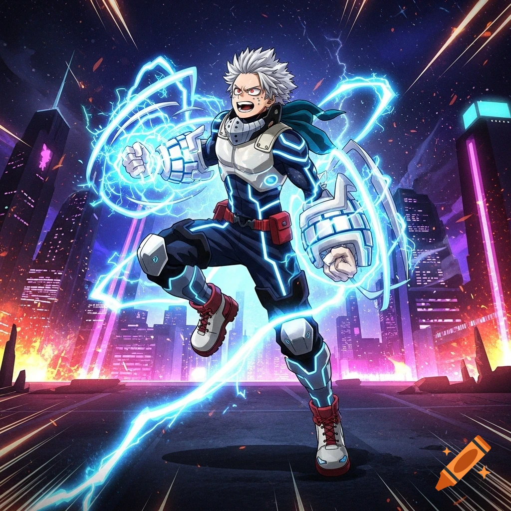 Anime superhero with white spiky hair and glowing blue suit, emitting electricity in a vibrant futuristic city at night.