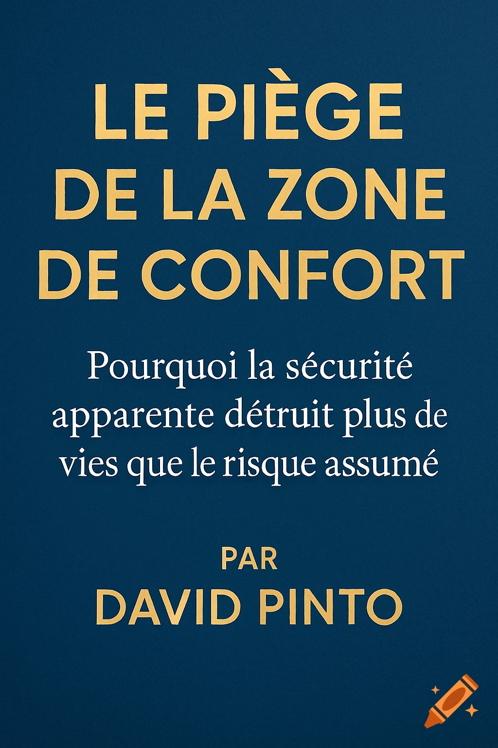 A book cover titled "LE PIÈGE DE LA ZONE DE CONFORT" in gold letters on a dark blue background, with the subtitle "Pourquoi la sécurité apparente détruit plus de vies que le risque assumé" in white, and "PAR DAVID PINTO" at the bottom.