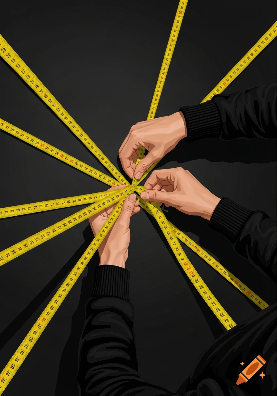 Multiple hands wearing black long-sleeved shirts hold yellow tape measures that converge on a black background in a stylized illustration.