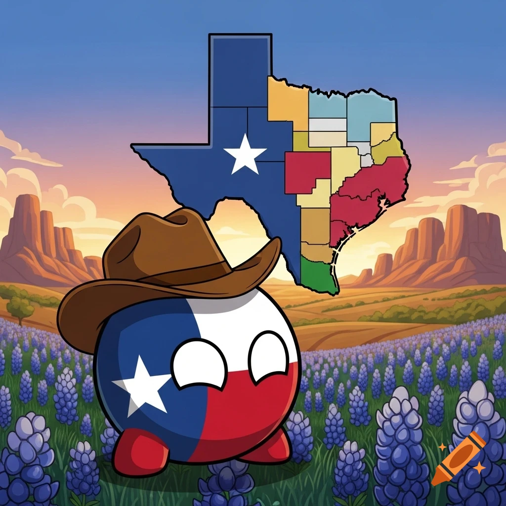 A cartoon Texasball in a cowboy hat stands in a field of bluebonnets, with a stylized map of Texas and desert mesas under a sunset sky.