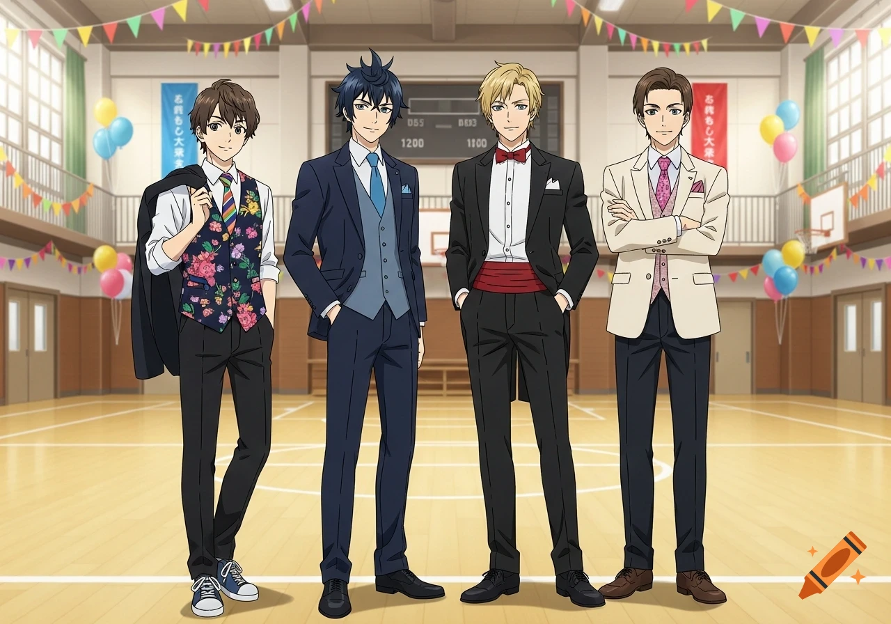 Four anime-style young men in various suits and formal wear stand in a decorated school gymnasium.