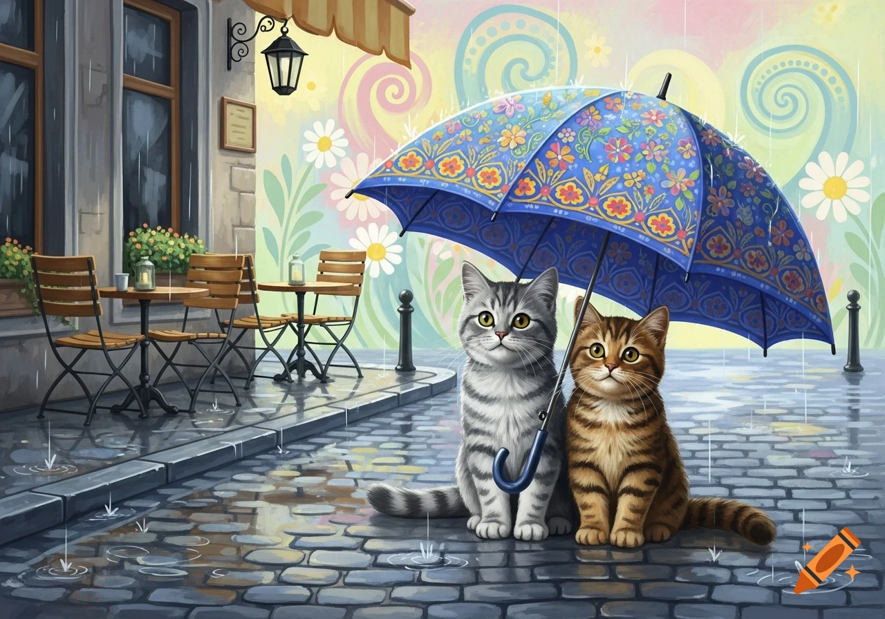 Colorful illustration of two tabby cats, one grey and one brown, sitting under a blue floral umbrella on a rainy cobblestone street outside a cafe.