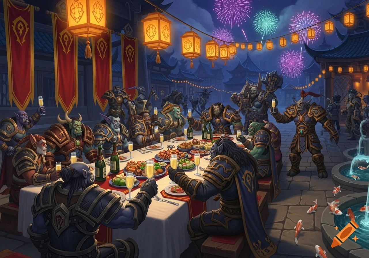 Warcraft Horde characters feast outdoors at night under lanterns and fireworks, raising champagne glasses.