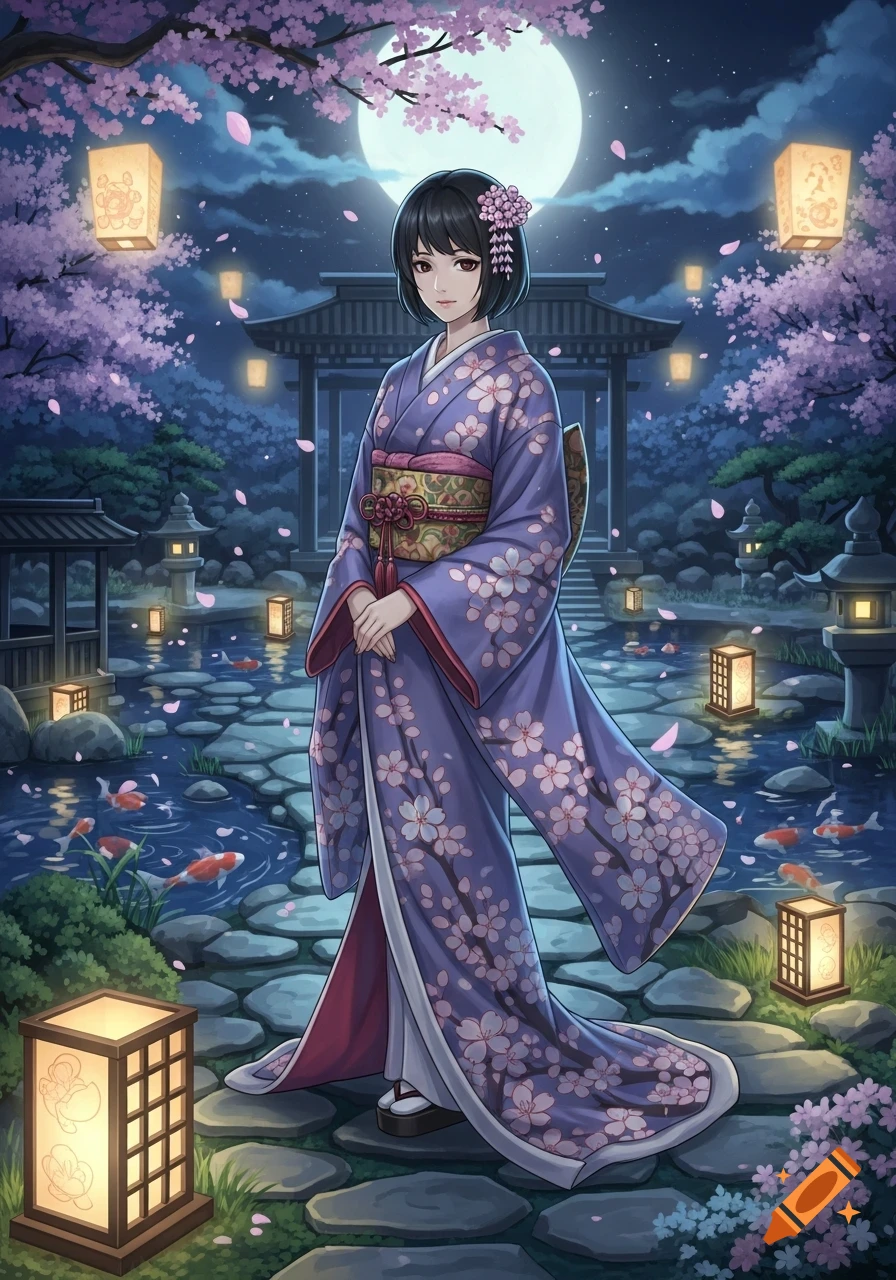 An anime woman in a purple kimono with cherry blossoms stands in a moonlit Japanese garden with lanterns and koi fish.