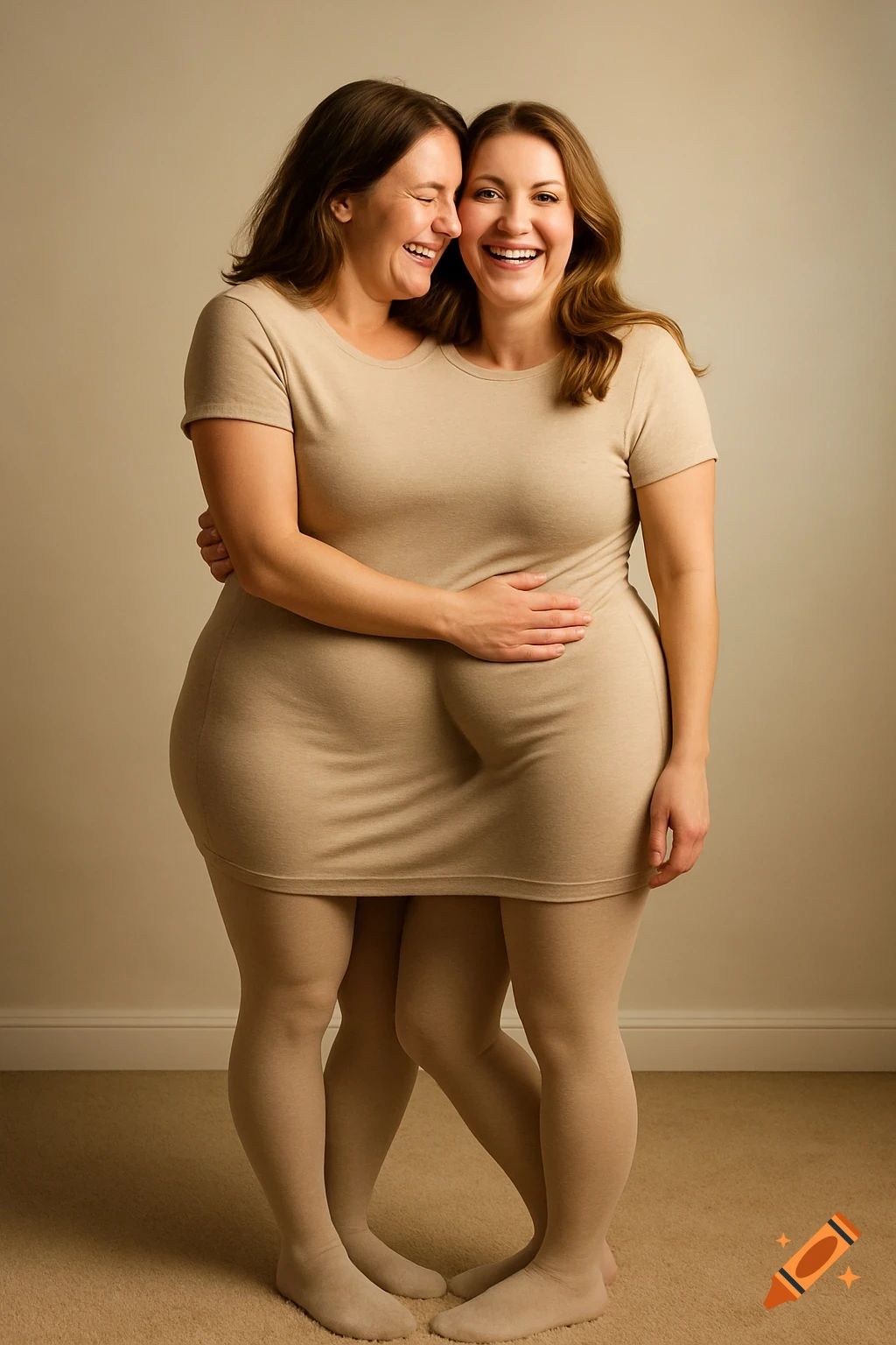 Two women in tan clothes hug, forming an illusion of a single body with two heads and overlapping legs.