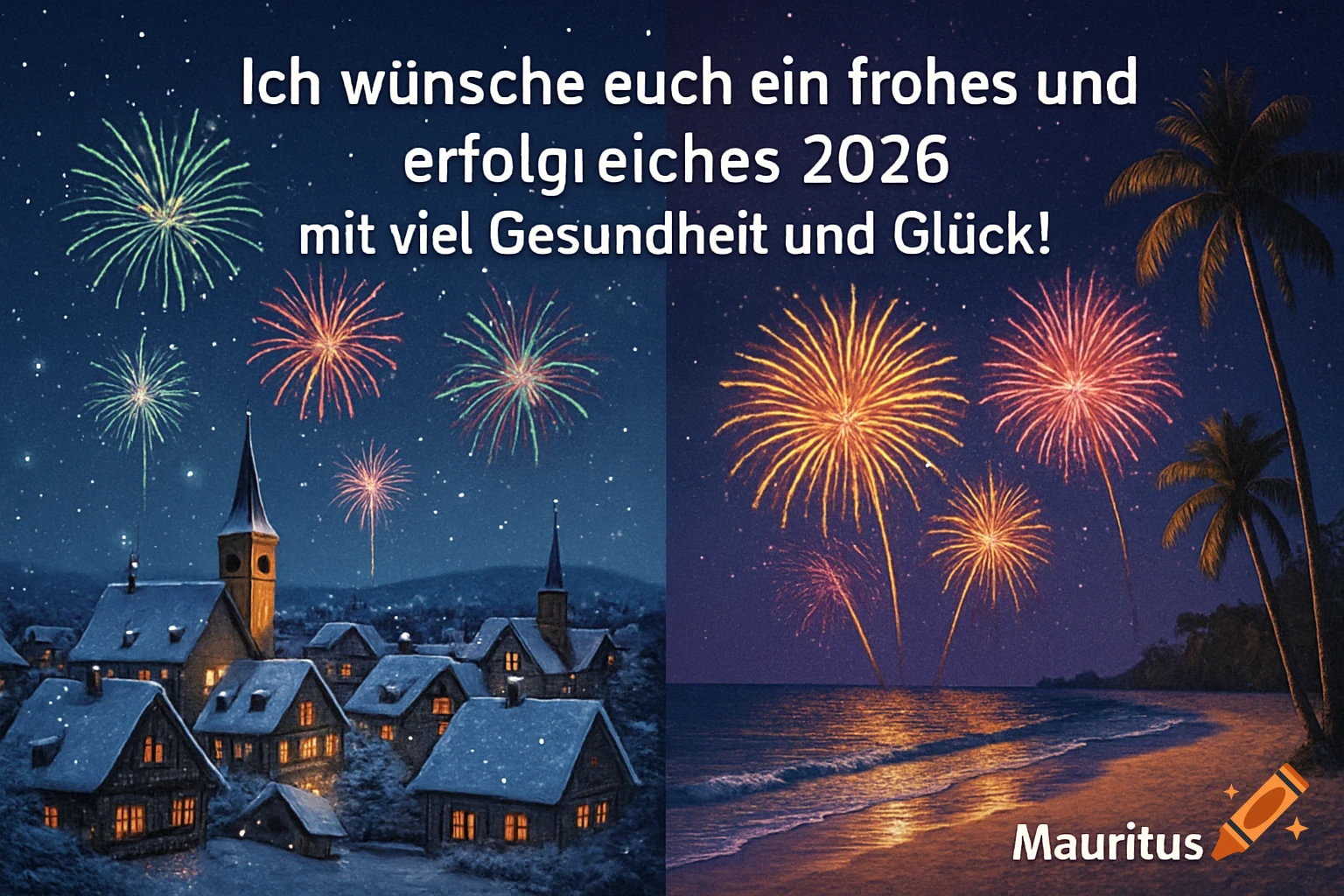 New Year's Eve split image: a snowy village and a tropical beach, both with fireworks. Text reads a German New Year greeting and 'Mauritius'.