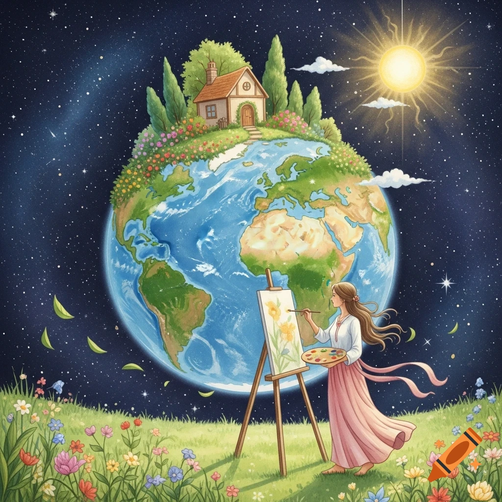 Illustrated woman painting flowers in a vibrant meadow, with a house on Earth and a bright sun in the starry sky.
