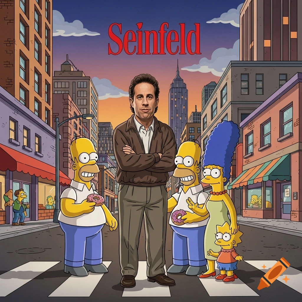Jerry Seinfeld stands between Homer, Marge, and Lisa Simpson on a crosswalk in a cartoon city.