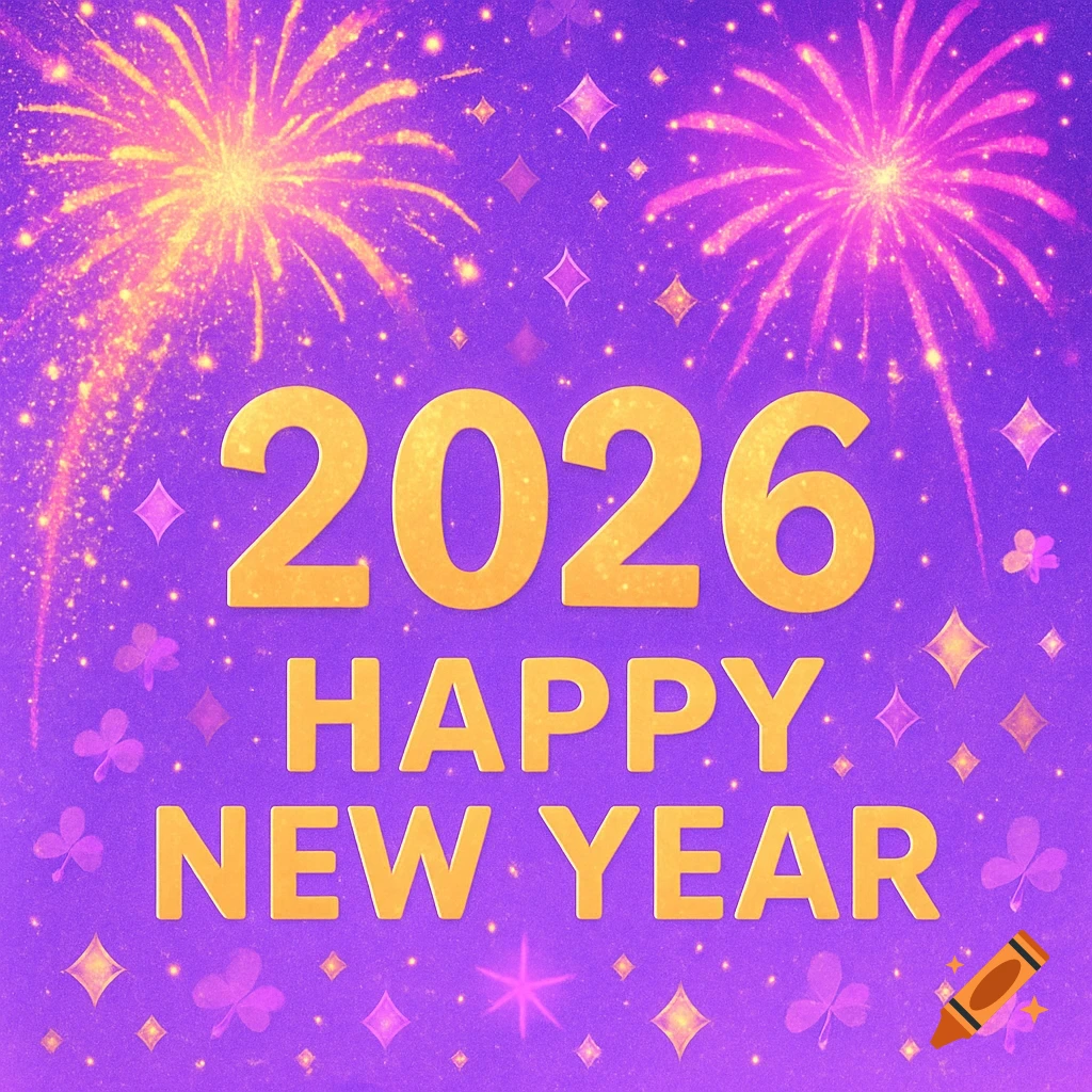 Purple background with yellow and pink fireworks, gold glitter, and the text '2026 HAPPY NEW YEAR' with small diamonds and cloverleaves.