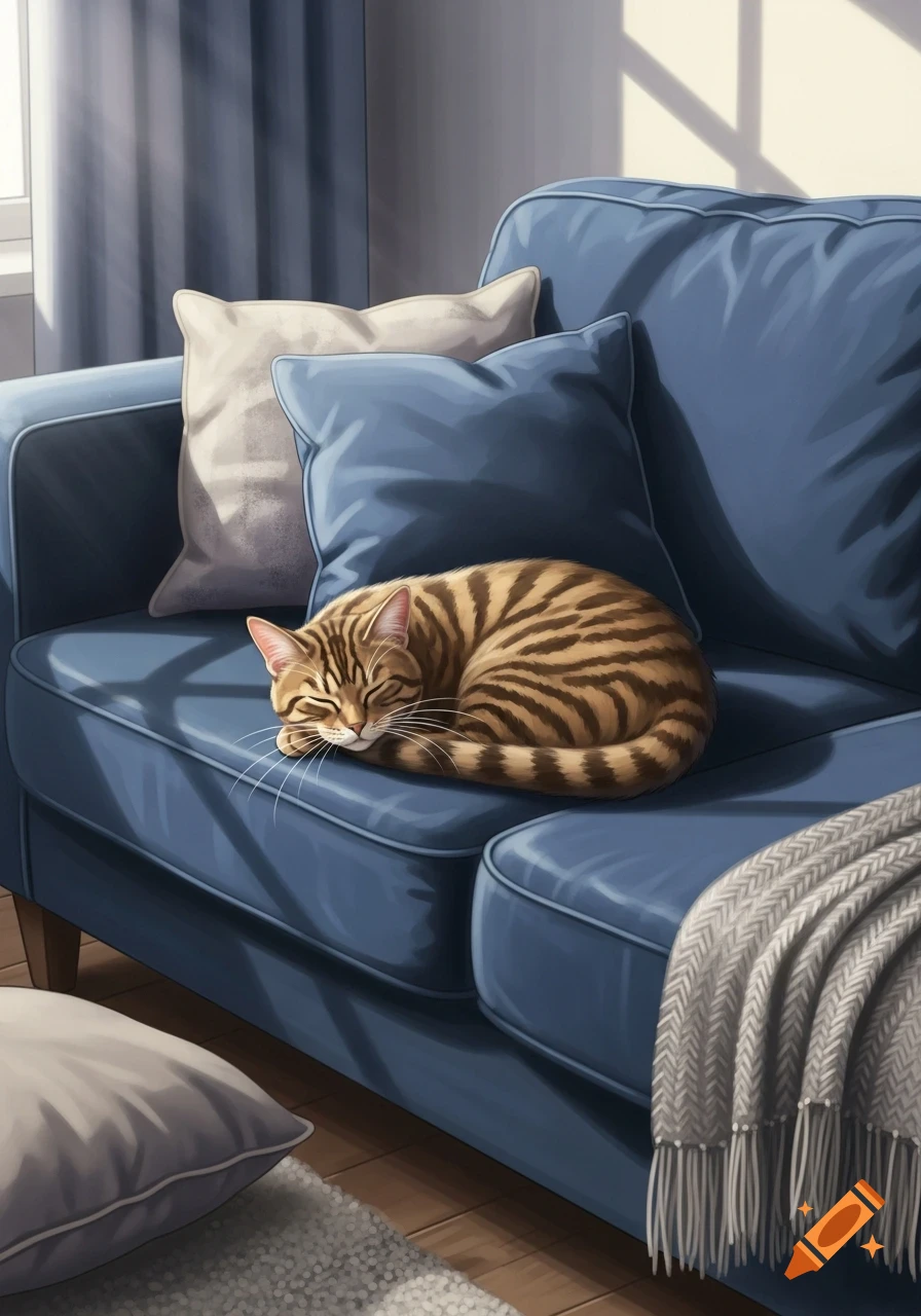 A tabby cat sleeps curled up on a blue sofa with pillows, rendered in ...