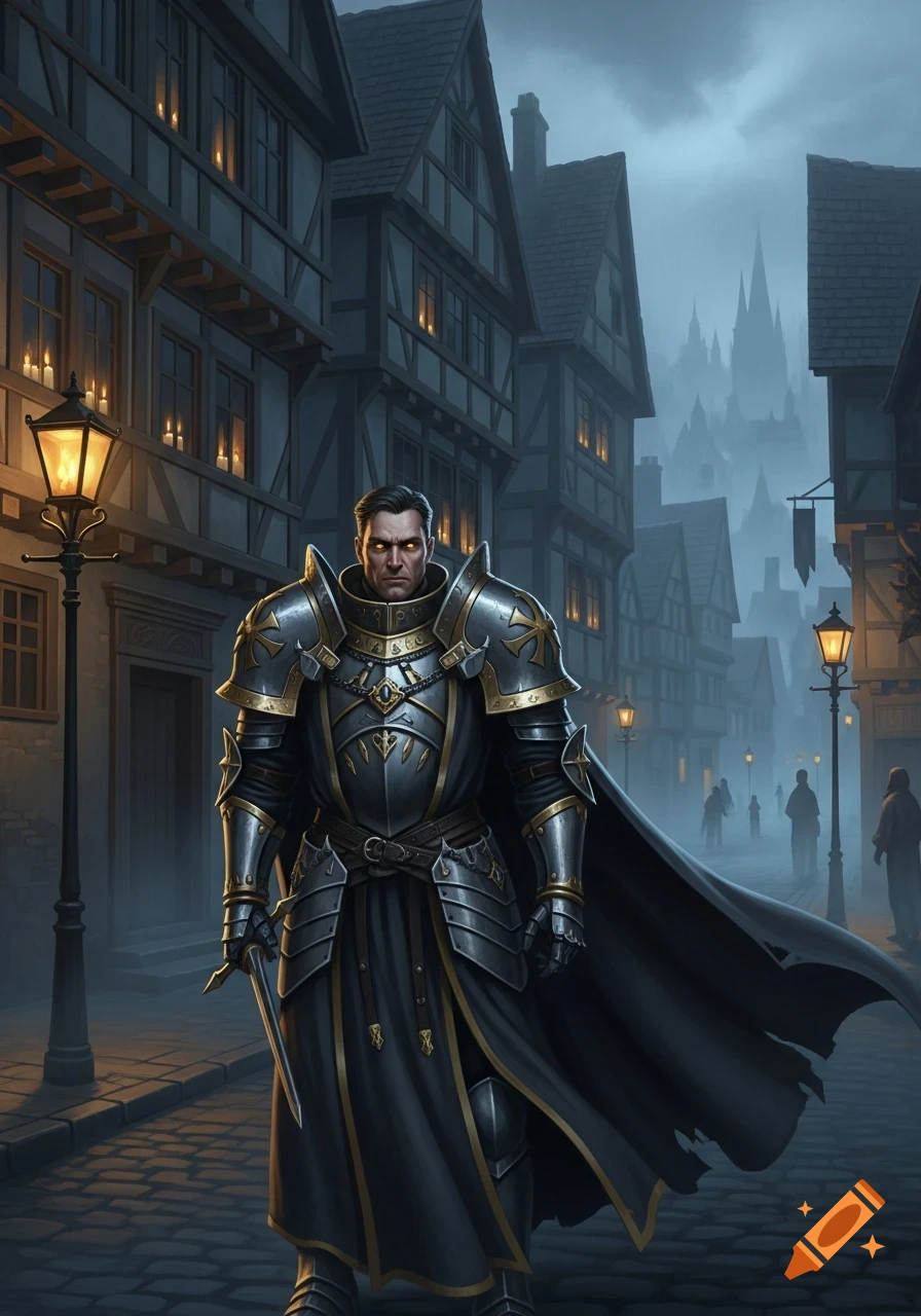 A man in dark, ornate armor and cape stands on a foggy, cobbled street in an old European town at night, holding a dagger.