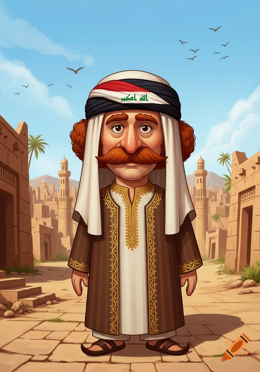Cartoon of an Iraqi man with a large mustache and red curly hair, wearing traditional clothes and a keffiyeh, standing in an old city.