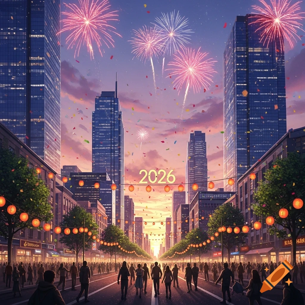 A vibrant city street at sunset, filled with crowds celebrating New Year 2026 under a sky with colorful fireworks and confetti, in an anime style.